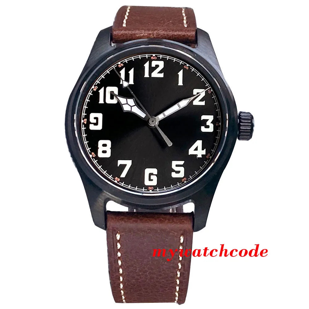 Waterproof Vintage Pilot Watch Tandorio Black NH35 Mechanical Clock Men Arabic Numerals 39mm Sport Clock Reloj Hombre Big Crown