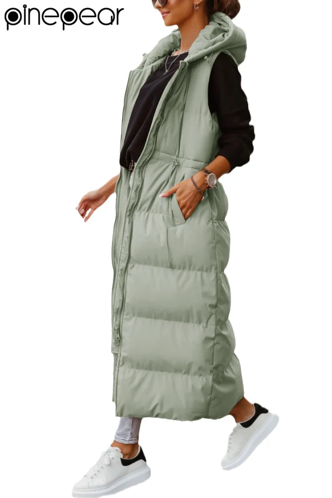 PinePear 2025 Fall Winter Fashion Women Super Long Quilted Vests Hooded Maxi Length Sleeveless Puffer Vest Padded Coat Outerwear