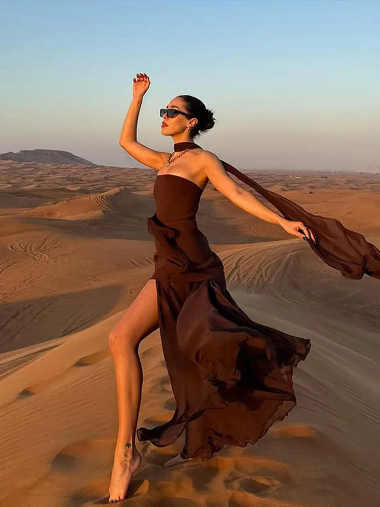 Brown Strapless Ribbon Mesh Patchwork Maxi Dress Women Elegant Sleeveless Backless Vacation Dresses 2025 New Beach Holiday Robes