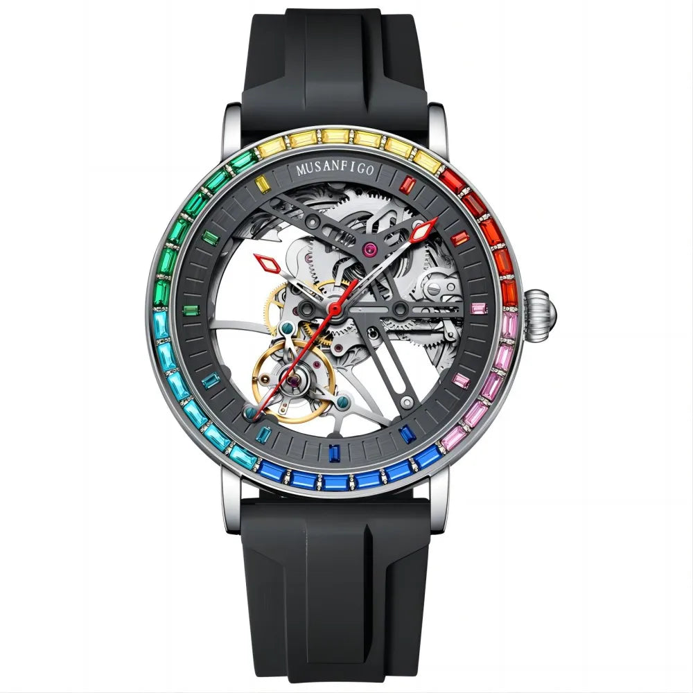 MUSANFIGO new hollowed out fully automatic mechanical watch for men, color diamond stainless steel luminous waterproof watch