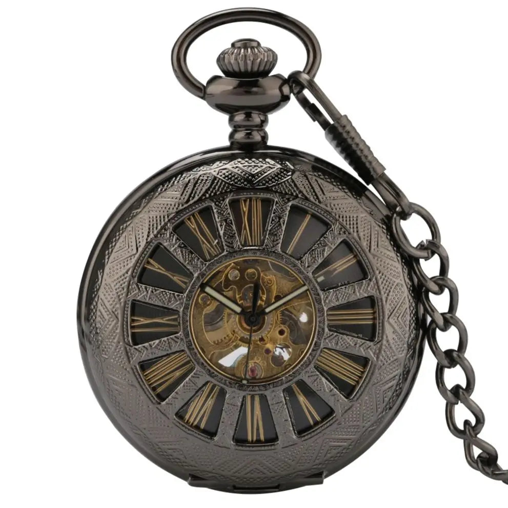 Mechanical Automatic Pocket Watch Men Roman Numerals Display Pocket Pendant Watch Black Hollow Half Hunter Retro Clock P890C