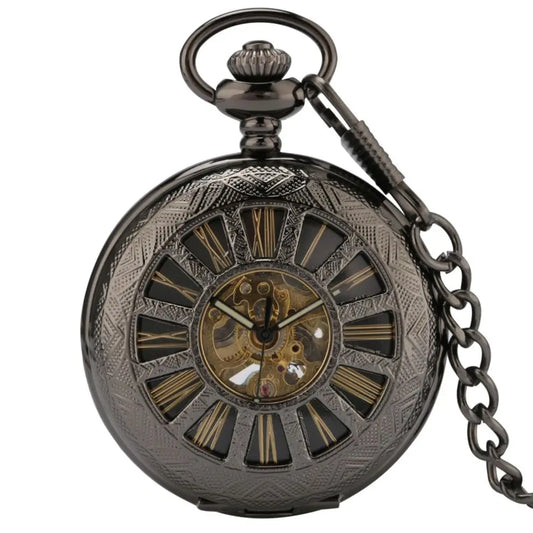 Mechanical Automatic Pocket Watch Men Roman Numerals Display Pocket Pendant Watch Black Hollow Half Hunter Retro Clock P890C
