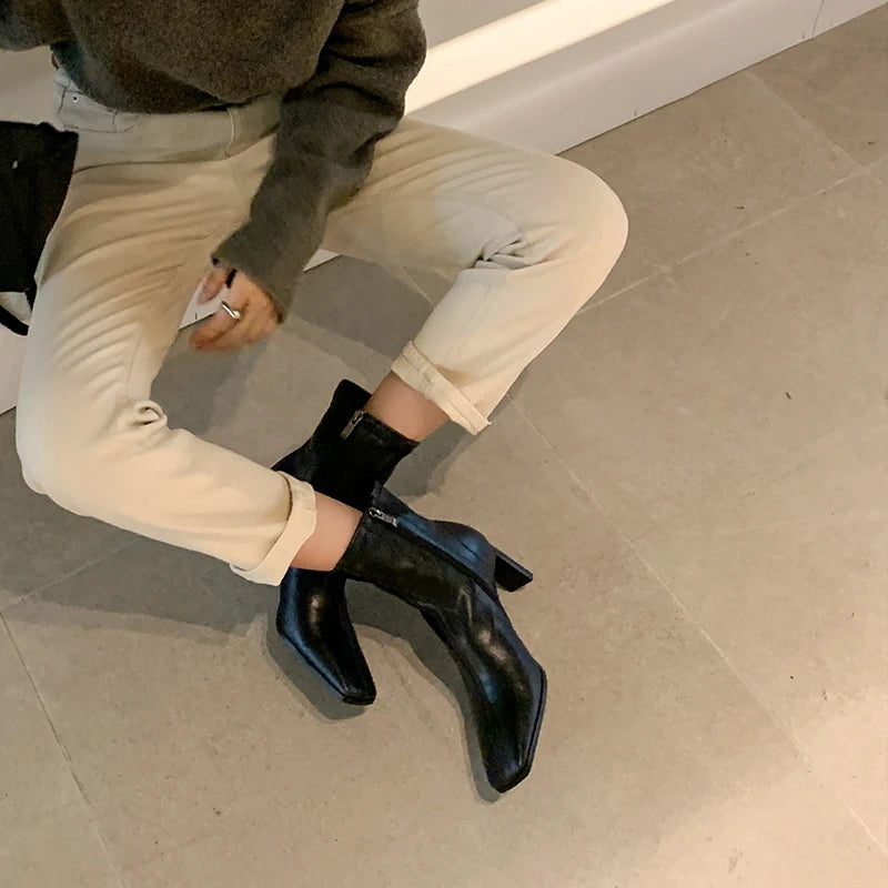 JOZHAMTA Size 34-40 Real Leather Ankle Boots For Women Stone Block High Heels Shoes Winter 2025  Fashion Office Lady Dress