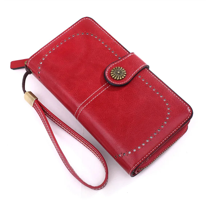 Fashionable new hollow out coin purse for women's oily leather phone bag, long zipper handbag,coin bag Triple fold ladies wallet