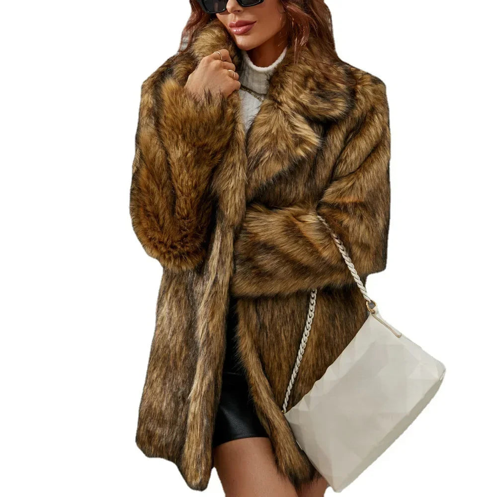 Faux Fur Coat Women Warm Loose Autumn Winter Brown Long Coats Turn Down Collar Sleeve High Waist Maxi Elegant 2024 Jacket