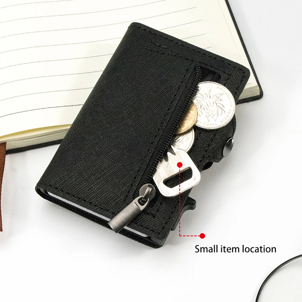 CASEKEY Slim Men Wallet Saffiano Genuine Leather Pop Up Credit Card Holder Billetera RFID Blocking Smart Wallet with Coin Purse