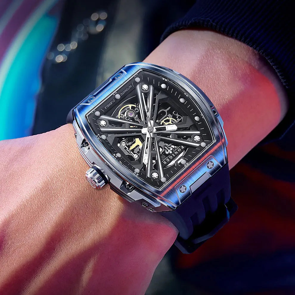 PONIGER New Men's Watch Automatic Movement Mechanical Tourbillon Design Men Watch Stainless Steel Case Waterproof Luminous Watch