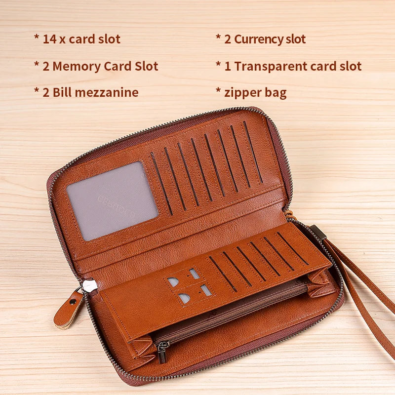 Men's leather wallet long new soft cowhide handbag travel light luxury simple large capacity anti-theft brush gradient color yel