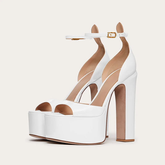Arden Furtado Summer 2025 White Round toe Waterproof platform Super high heel Open toe chunky heels sandals cover heels big size
