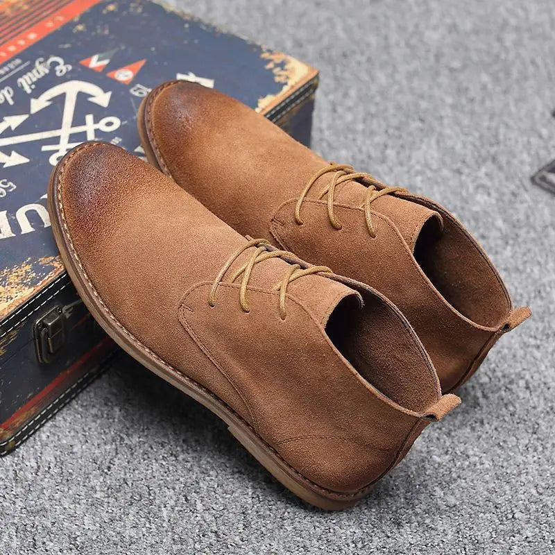 New Real Leather Boots Men Cowhide Hign Shoes British Retro Short Boots Male Tooling Desert Boots ClassicsAnti-slip shoes