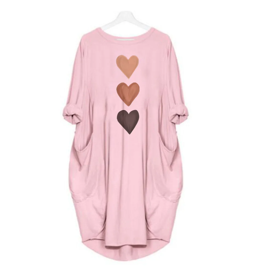 Women's three heart-shaped printed pocket dress, casual round neck short sleeved dress for spring and summer women's wear