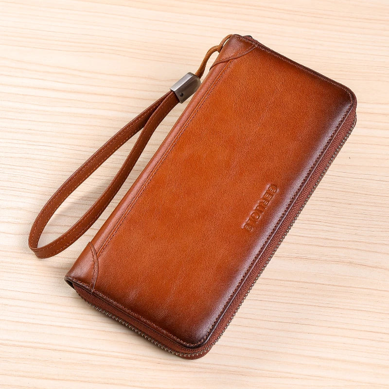 Men's leather wallet long new soft cowhide handbag travel light luxury simple large capacity anti-theft brush gradient color yel