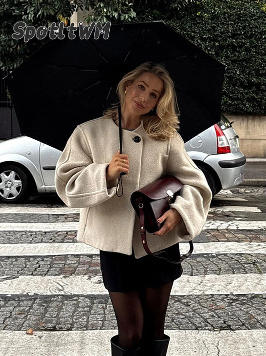 Retro Loose Casual Woolen Coats Women's Double Breasted Stand Collar Short Jacket Office Lady Autumn Winter 2024 Solid Outerwear