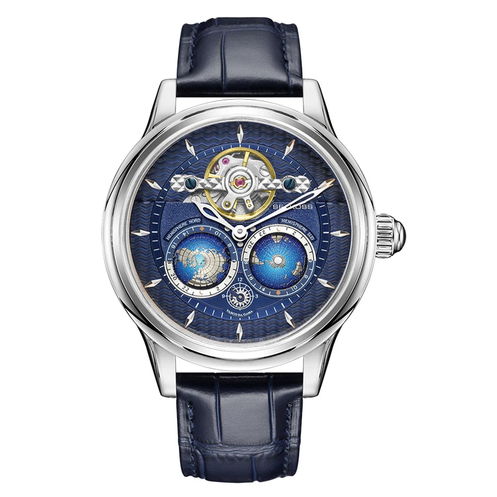 SEAKOSS 3D Double Earth Rotating Automatic Movement Mechanical Watch for Men 1963 Flywheel Wristwatches 5Bar Waterproof Clock