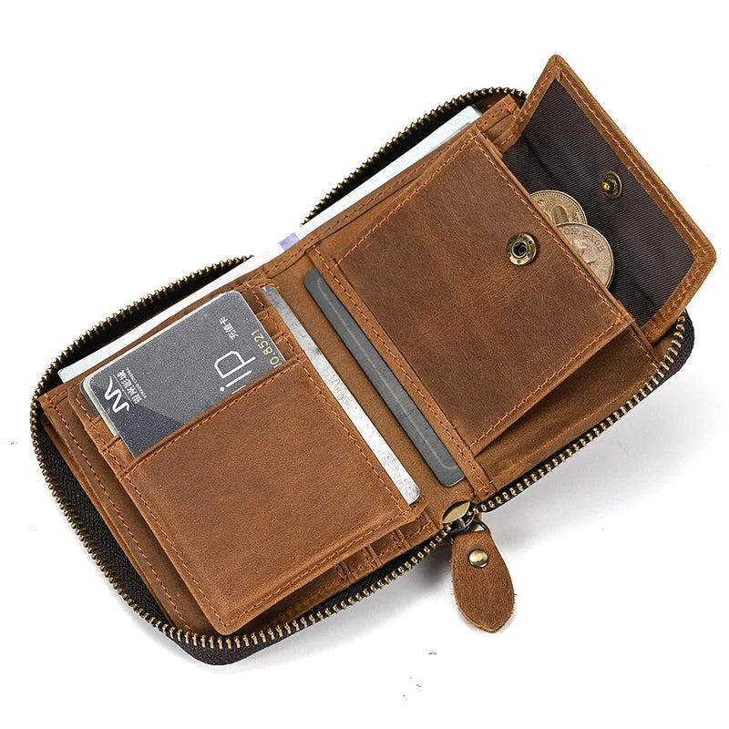 Luufan Genuine Leather Short Wallet Men Women Natural Cowskin Short Purse With Coin Pocket Zipper Around Card Purse Small Wallet