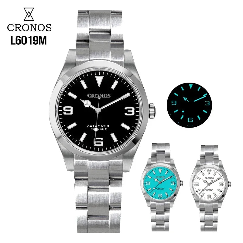 Cronos 36mm EX Men Watch NH35 Automatic Movement Mechanical Watches Waterproof 10Bar Sapphire Bushed Bracelet Wristwatch L6019