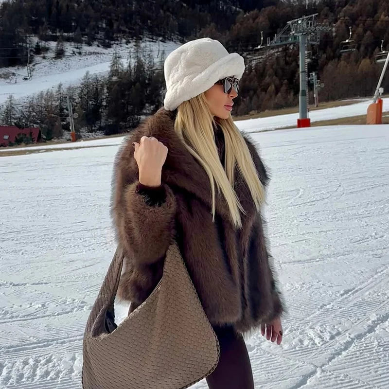 Chic Ins Blogger Brand Fashion Fake Fox Fur Jacket Coat Women 2024 Winter Luxury Design Big Collar Fur Coats Cool Girls Overcoat
