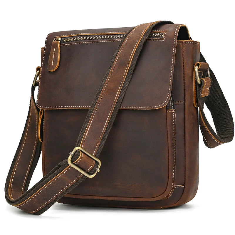Men's Vintage Genuine Leather iPad Messenger Bag Thick Cow Leather Shoulder Bag Small Casual Crossbody Bag Cowhide Briefcase