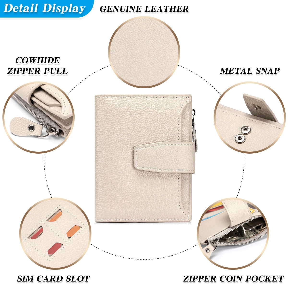 Genuine Leather Women RFID Wallet Large Capacity Bifold with Zipper Coin Pocket & 4 ID Windows