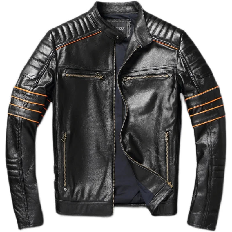 YR!Free shipping,sales.Black Mens genuine leather jacket.cowhide coat.short slim skull motor biker jackets,plus size.quality