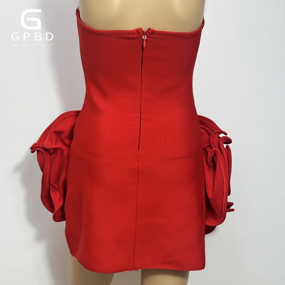 GPBD New Women'S Sexy Strapless Handmade Three-Dimensional Big Flower Tight Mini Bandage Dress Elegant Holiday Party Dress