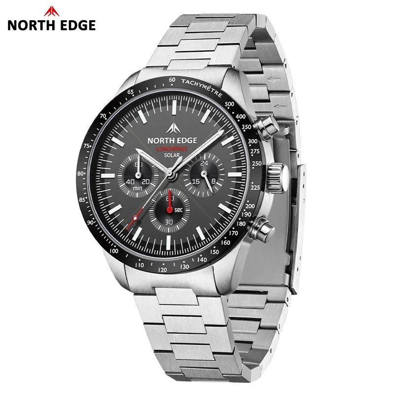 NORTH EDGE 2025 LONGWINGS Men Quartz Watch Solar Powered Stopwatch Waterproof 50M 316 Full Stainless Steel Luminous Pilot Watch