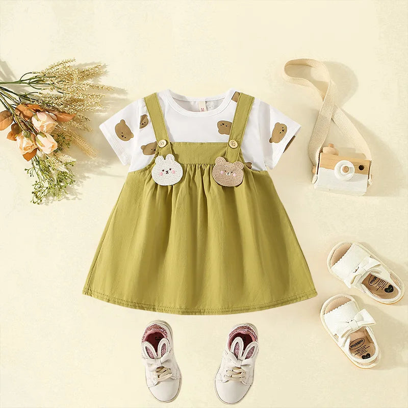 Girls' Clothes Summer New Short Sleeved Cartoon Teddy Bear Dress For Baby Girls Children's Spliced Fake Two-Piece Dress