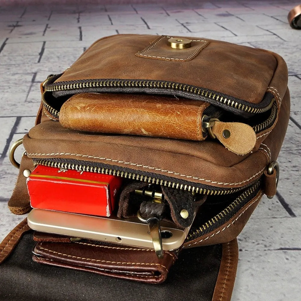 Men Genuine Crazy Horse Leather Waist Pack 7-Inch Vintage Outdoor Hip Bag with Hook Phone Camera Pouch Male Crossbody Bags