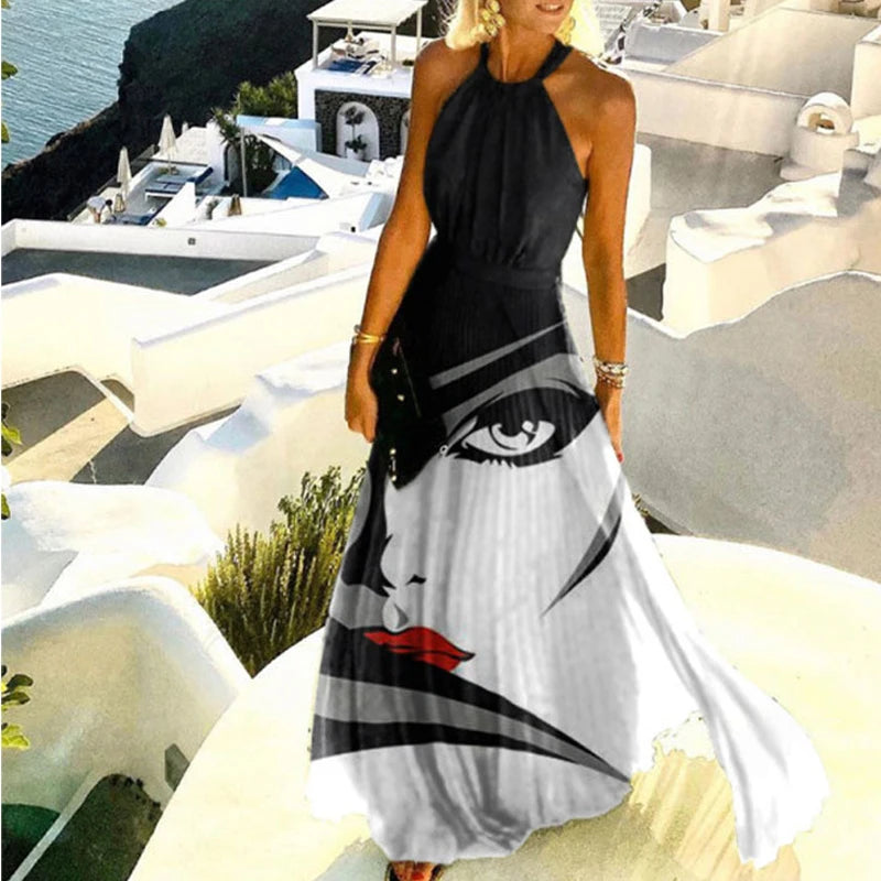 Fashion Sexy Halter Print Pleated Long Dress Women Sweet O Neck Beach Cover-Ups Robe Summer Sleeveless Casual Boho Maxi Sundress