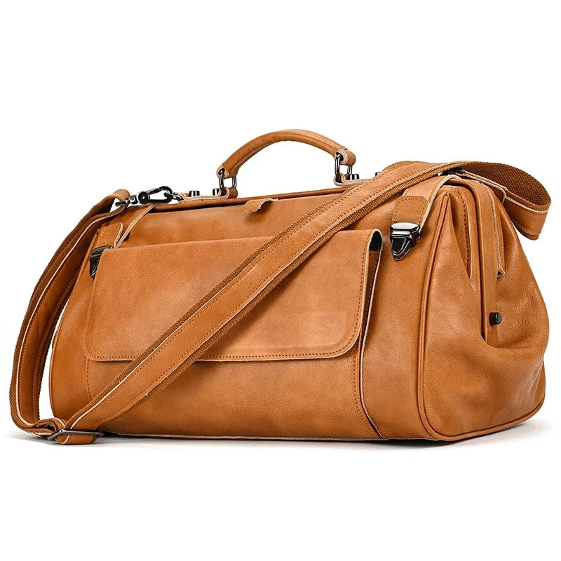 Real Luxury Fashion Handbags Men Male Leather Duffle Bags For Business Flights 45cm travel bag genuine leather designer