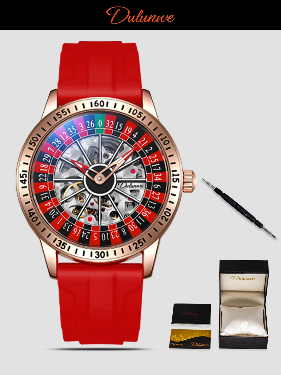 DULUNWE Men's Automatic Watch Luxury Rotating Roulette Mechanical Skeleton 30M Waterproof