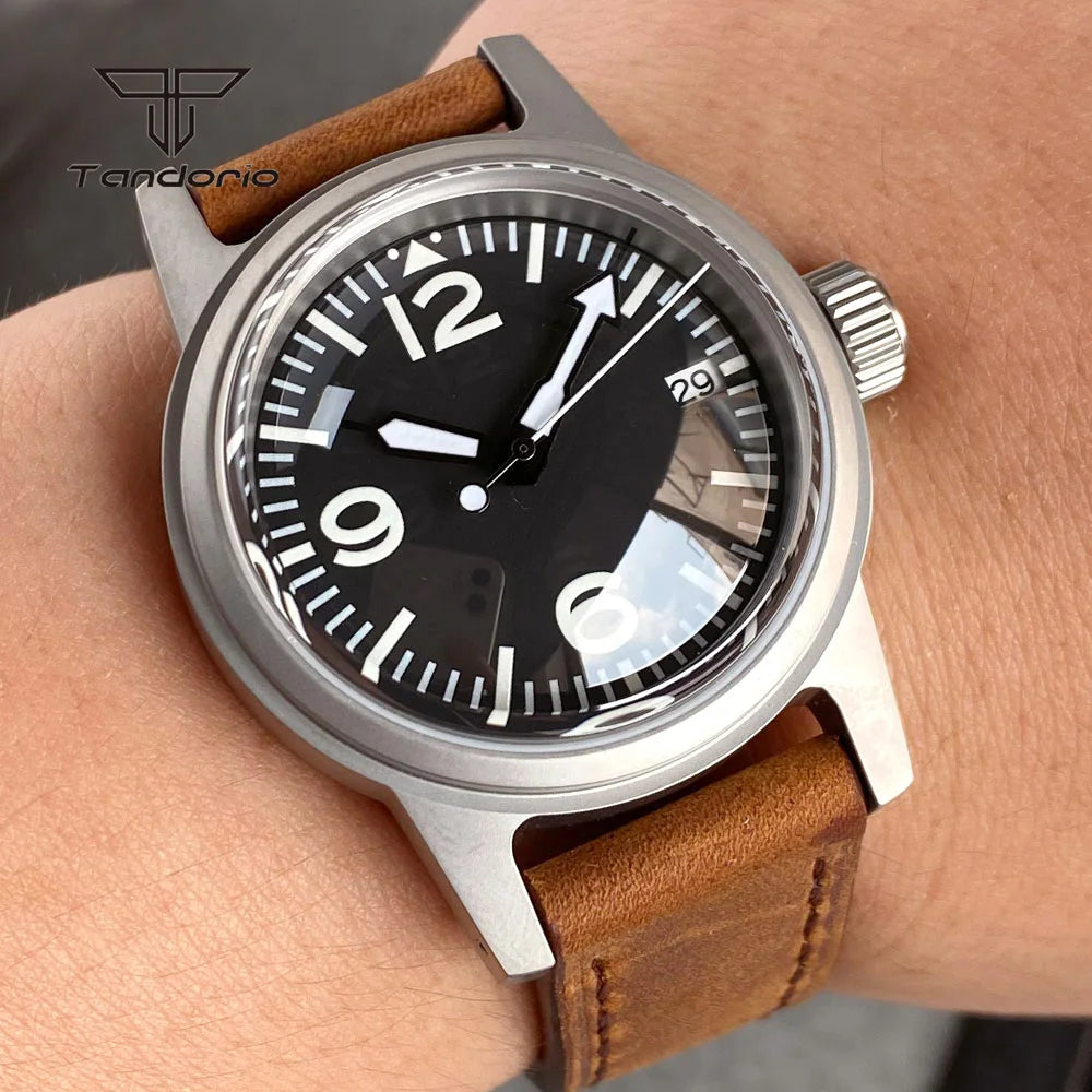 Tandorio Sandblasted 36mm Men's Dive Mechanical Wristwatch Domed Sapphire Crystal NH35 PT5000 20BAR Luminous Watch Date Leather