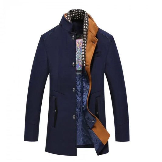 Autumn Winter Mens Wool Coats Smart Casual Thick Warm Woolen Trench Outerwear Men Stand Collar Fashion Detachable Scarf Coats
