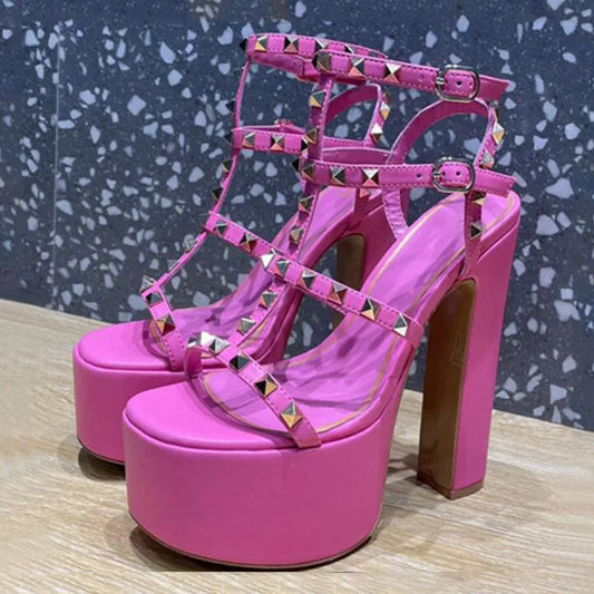 Arden Furtado 2025 Summer Round head Platform Rivet Super high heel Belt buckle Open toe Roman sandals Large size