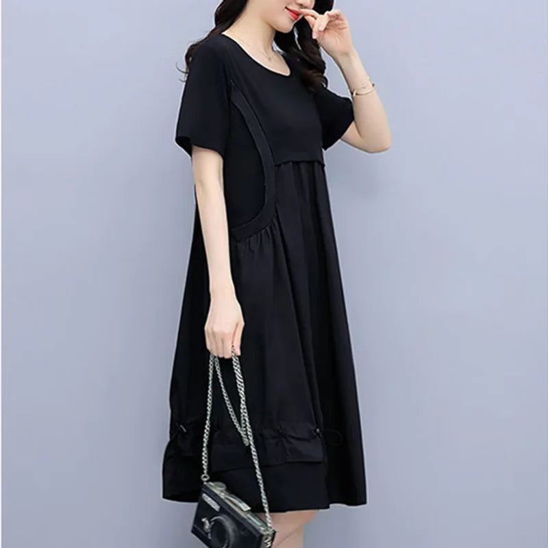Fashion O-Neck Spliced Loose Folds Shirring Midi Dress Women's Clothing 2023 Summer New Oversized Fake Two Pieces Casual Dresses