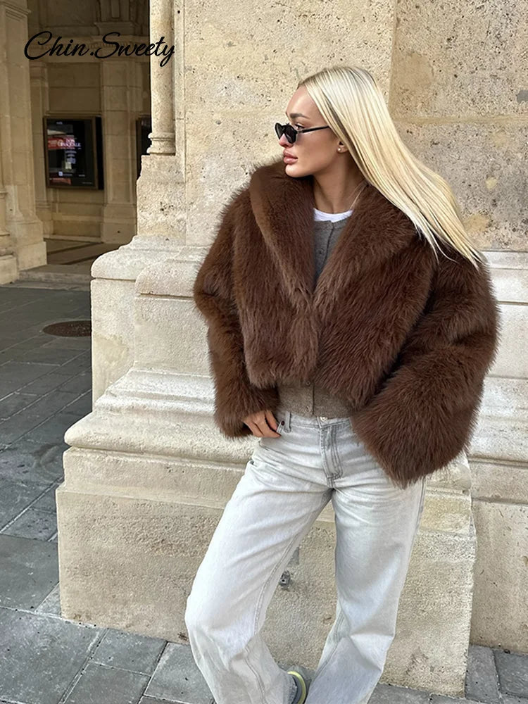 Brown Lapel Faux Fur Short Coat Women Fluffy Long Sleeve Warm Thick Loose Jacket 2025 Autumn Winter Lady High Street Outwear ﻿