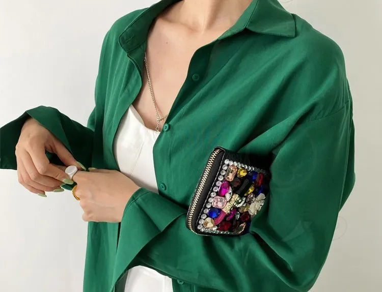 Luxury Diamond Women Long Purse Card Holder Coinetter Color Crystal Red Lip Pearl Wallet Pu Leather Zipper Around Wallet  Female