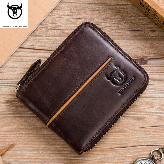 Bullcaptain Genuine Leather Men Short Wallet Casual Men's Coin Purse Vintage Male Zipper Card Holder Luxury Money Bags JYB022