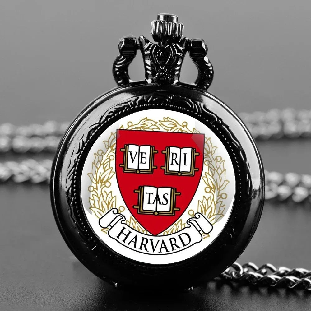 Harvard University Logo Glass Dome Quartz Pocket Watch with Chain for Men and Women Exquisite Jewelry Accessories birthday Gifts