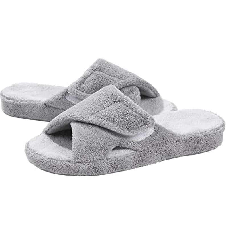 Comwarm Four Seasons Fuzzy House Slippers Women Home Flats Sandals Open Toe Slip-on Cotton Slippers Casual Indoor Furry Slides