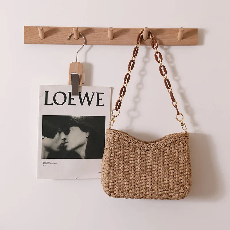 Small fresh purple underarm woven bag New crescent single shoulder solid straw woven bag Women's beach holiday beach bag