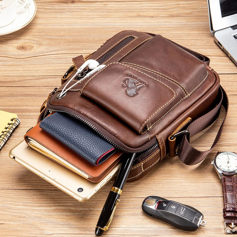 Men's leather shoulder bag, multifunctional and high-capacity cowhide crossbody bag, handbag