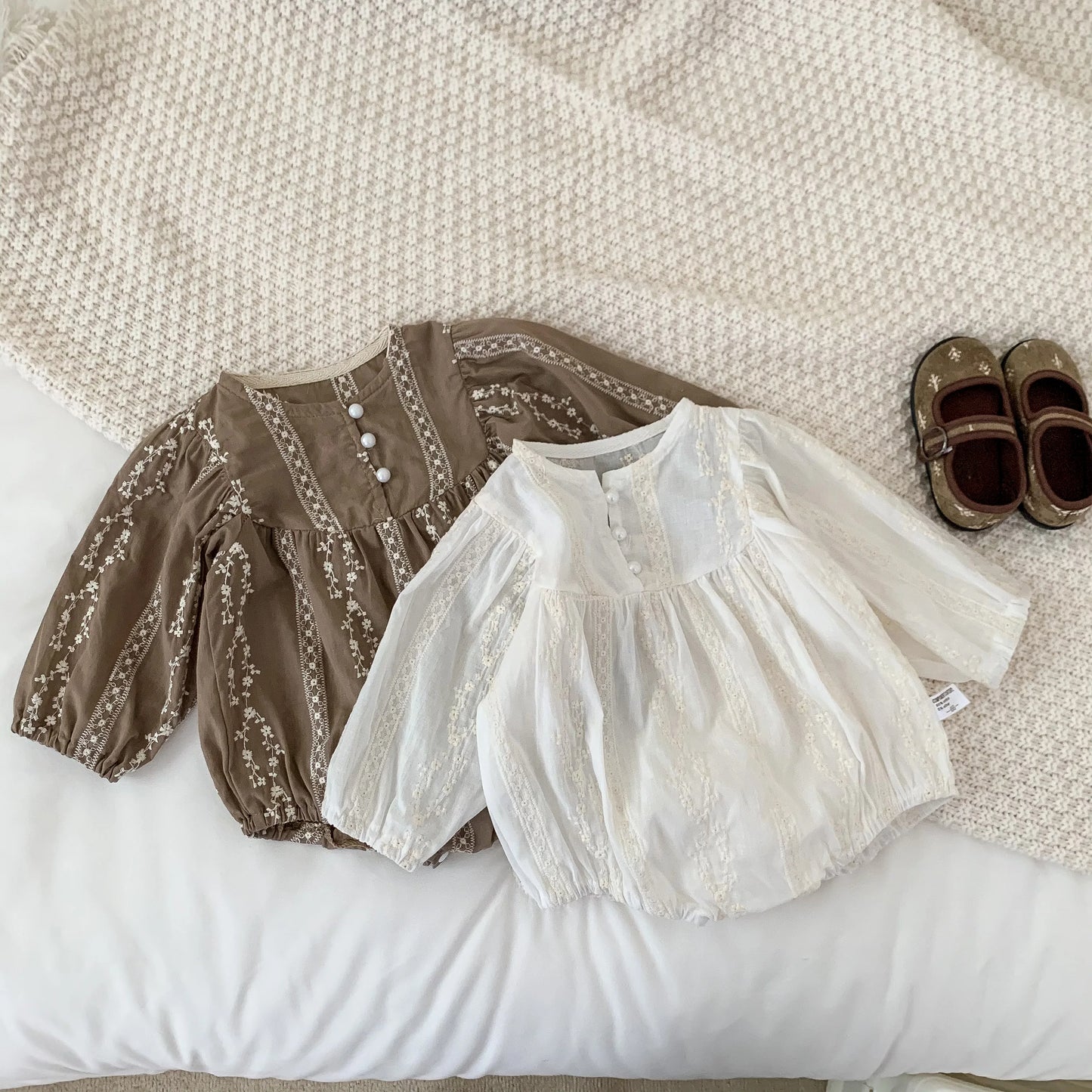 Girls Baby Pearl Button Embroidered Princess Jumpsuit Long Sleeve Thin Style Spring Autumn Children's Clothing