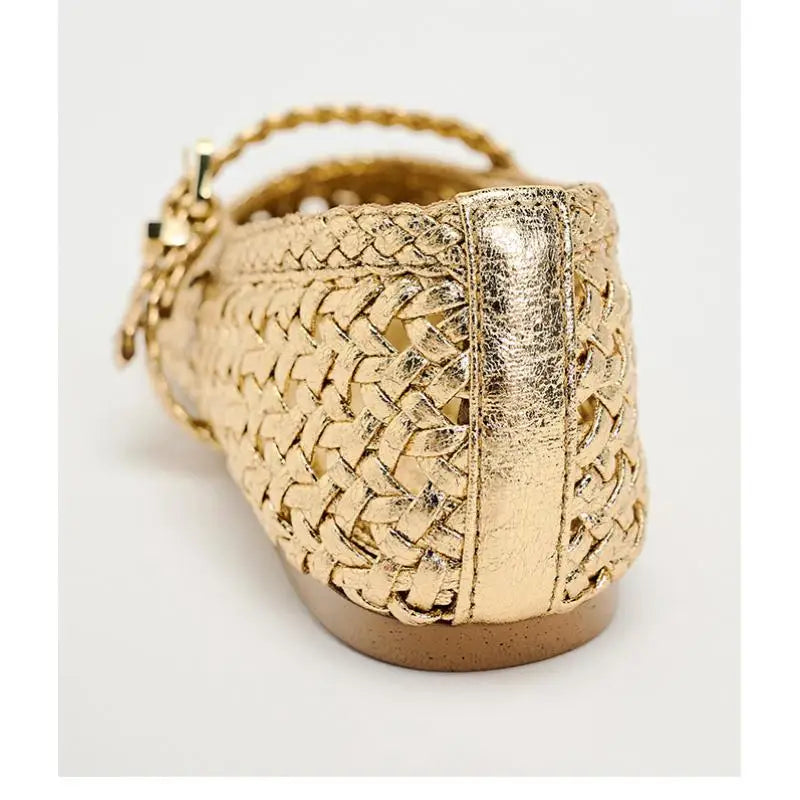 Banyiyou 2025 Autumn Mary Jane Shoes Woman Golden Braided Ballet Flats Shoes Women's Square Toe Flat with Buckle Single Shoe