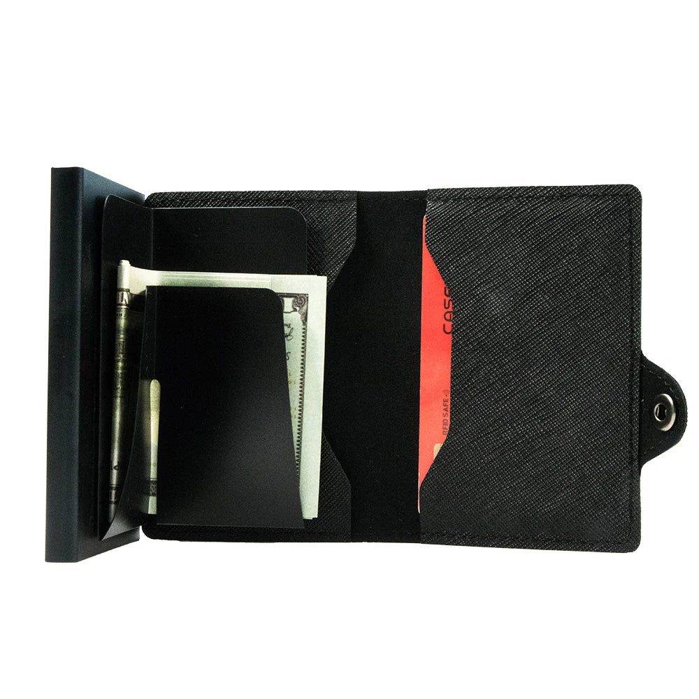 CASEKEY Slim Men Wallet Saffiano Genuine Leather Pop Up Credit Card Holder Billetera RFID Blocking Smart Wallet with Coin Purse