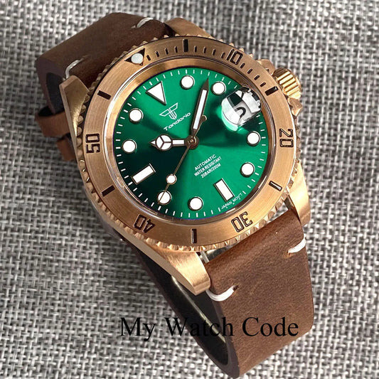 Tandorio Real Bronze Diver Mechanical Watch Men Sunburst Green Wristwatch NH35AA Movt Leather band Vintage Waterproof Lume Clock