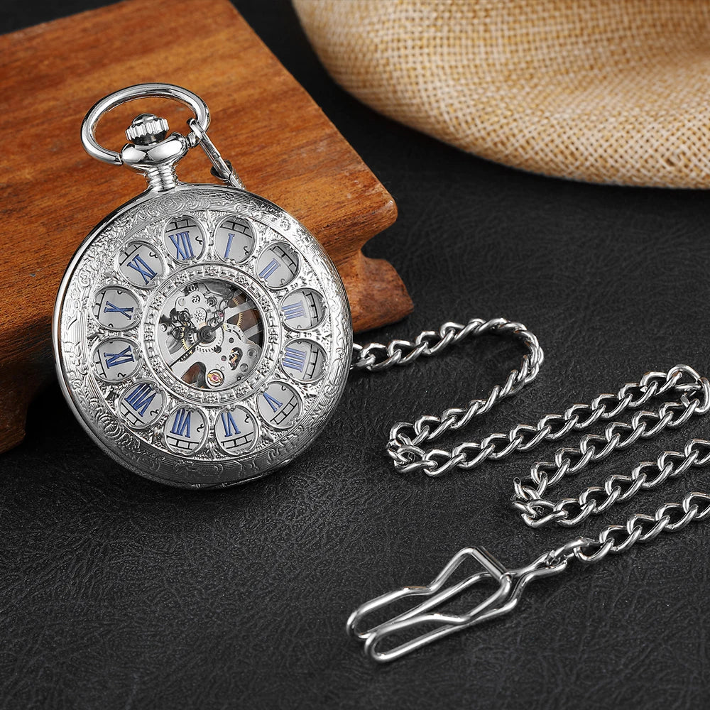 Retro Mechanical Pocket Watch Red Cross Hand-winding Silver Edelweiss Sculpture Hollow Vintage Skeleton Watches Men FOB Chain