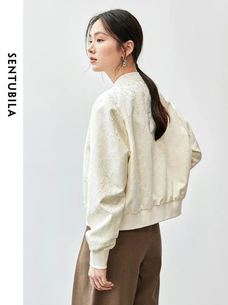SENTUBILA New Chinese Style Jacquard Baseball Jacket for Women 2025 Autumn Fashion Loose V Neck Long Sleeve Coat 143W55778