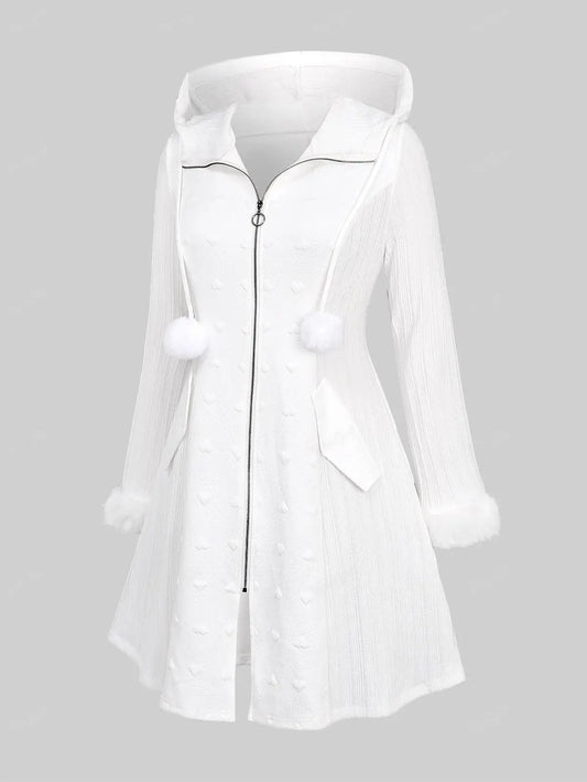ROSEGAL Plus Size Women's Coats White Outwears Full Zipper Mock Pockets Fur Trim Heart Embossed Textured Hooded Long Sleeve Coat