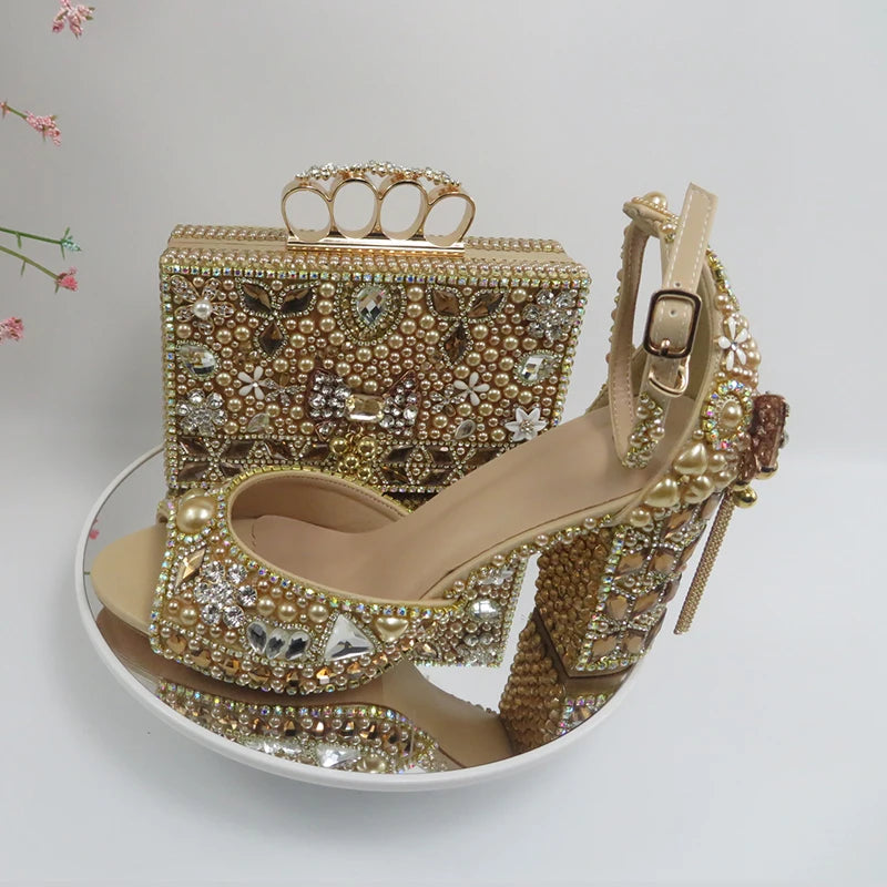 Champagne Crystal Bridals Party shoes 11cm Strange Heel Women Summer Sandals Evening Party shoes Open Toe Sandals Ankle Strap